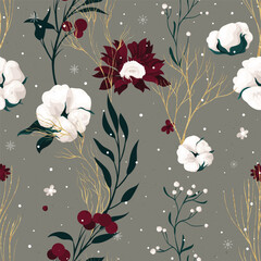 Seamless Christmas floral pattern with snowflakes - 677750505