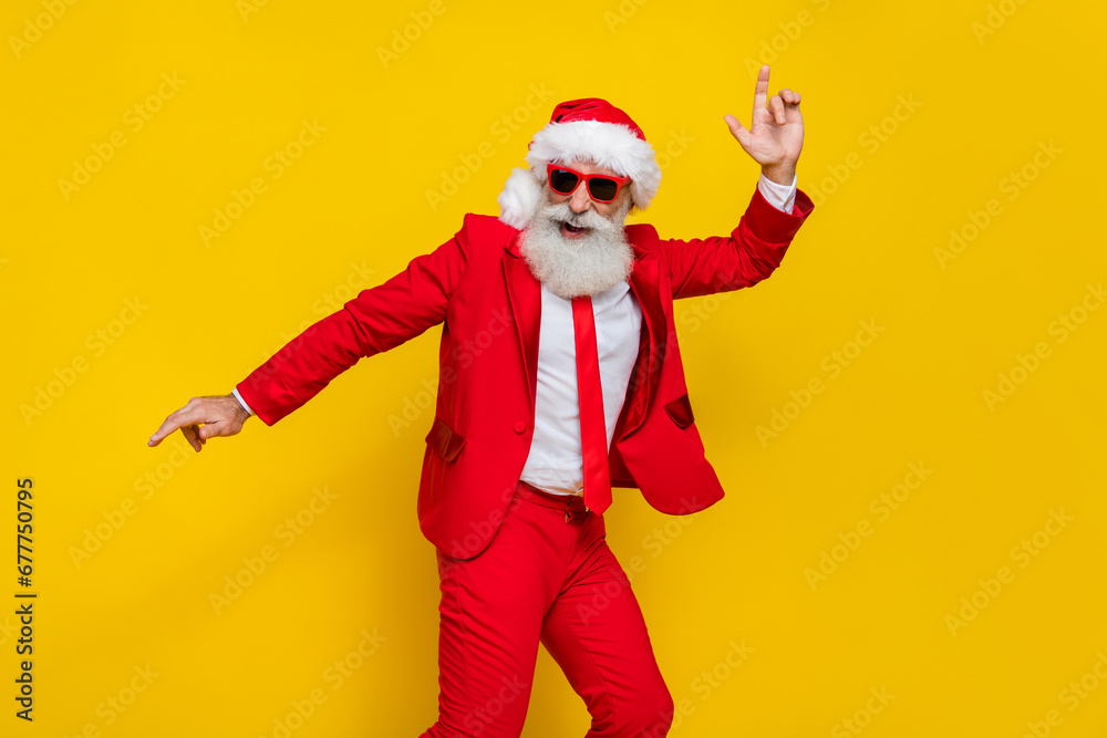 Sticker photo of cheerful funky granddad enjoy dancing partying elegant outfit isolated on yellow color back