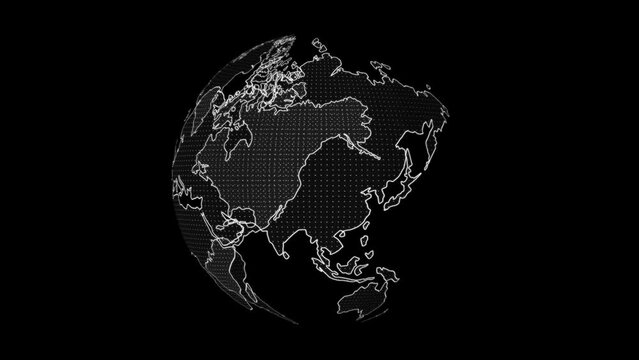 Digital white globe on a black background. World map with white outline and white dots, slowly rotating.