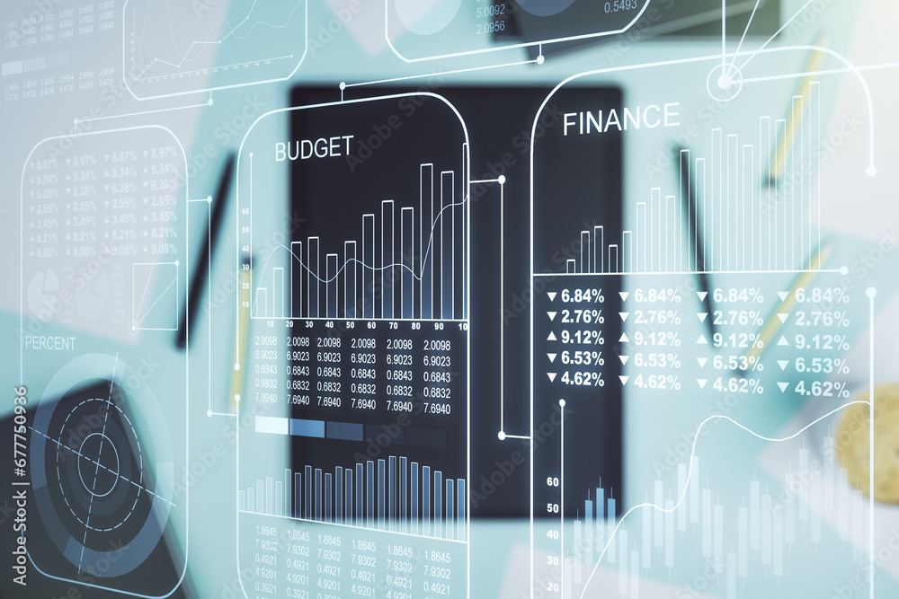 Poster Abstract creative analytics data spreadsheet and modern digital tablet on desktop on background, top view, analytics and analysis concept. Multiexposure