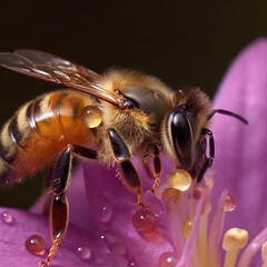  Honey Bee maro view. Insect collecting pollen on purple flower with water drops. Extreme zoom, close up