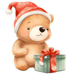 Watercolor Christmas bear Santa.