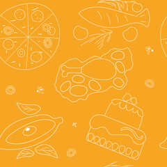 Seamless pattern with different food on a yellow background. Doodle style, hand drawn, tracing. Idea for poster of a cooking show, gastronomy, cafe, restaurant, menu, wrapping paper.