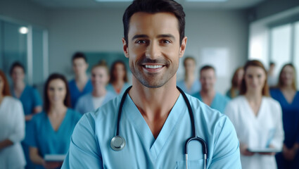 A doctor against the background of colleagues. A male medical worker who looks at the camera and smiles. Doctors' meeting.