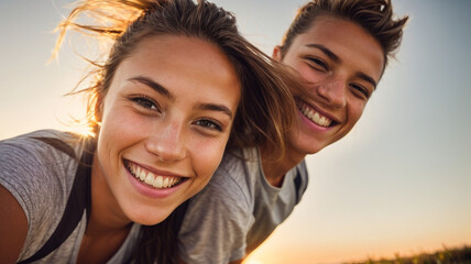 Happy diverse friends taking selfie on smartphone on sports ground, space for text