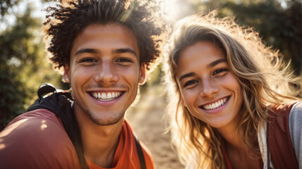 Happy smiling Caucasian teenage couple taking selfie with a smartphone at summer camp
 - obrazy, fototapety, plakaty