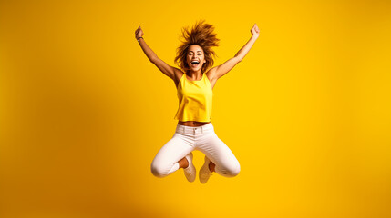 Foto de perfil de tamaño completo de una mujer joven morena optimista saltando, suéter amarillo, jeans, zapatillas de deporte aisladas en fondo de color amarillo  - obrazy, fototapety, plakaty