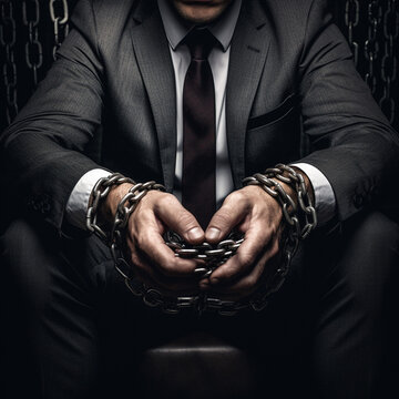 Hands are shackled with strong iron chains. A man in an expensive suit. Arrested businessman. are shackled with strong iron chains. 
