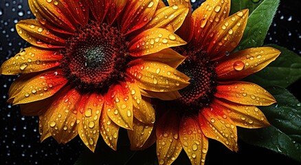 Vibrant Duo of Red and Yellow Sunflowers with Dew Drops - A Close-up Macro Shot Capturing the Freshness and Beauty of Nature