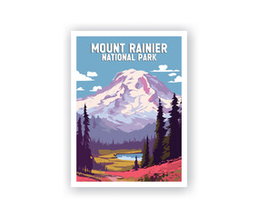 Mount Rainier, National Park Illustration Art. Travel Poster Wall Art. Minimalist Vector art. Vector Style. Template of Illustration Graphic Modern Poster for art prints or banner design.