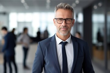 Portrait of a middle-aged Caucasian man with gray hair and glasses in a blue suit looking at the camera in an office with people behind him. Corporate portraits - obrazy, fototapety, plakaty