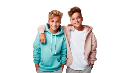 dos adolescentes hombres Gen Z abrazados, sonrientes y aislados en un fondo blanco 