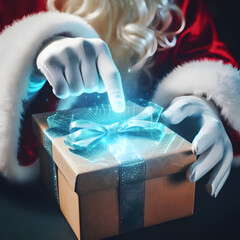 Santa Claus with a blue technological hologram christmas gift box