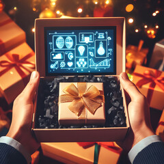 Hands with a technological gift box for christmas