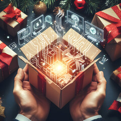 the future of new technologies leaving a  Christmas gift box technological content