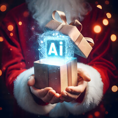 Santa Claus with a hologram AI christmas gift box Artificial Intelligence
