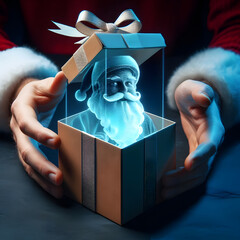 Santa Claus giving a gift with the head of Santa Claus as an hologram in a christmas gift box