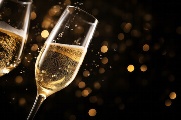 Glasses of sparkling champagne against a black background ready for a celebration