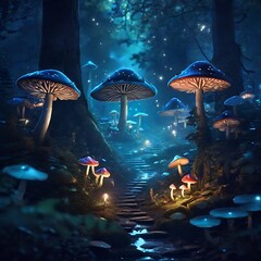 Fototapeta na wymiar Magical Mushrooms in a dark mystery forest , Mushroom neon illustration in dark background. Generated By AI.