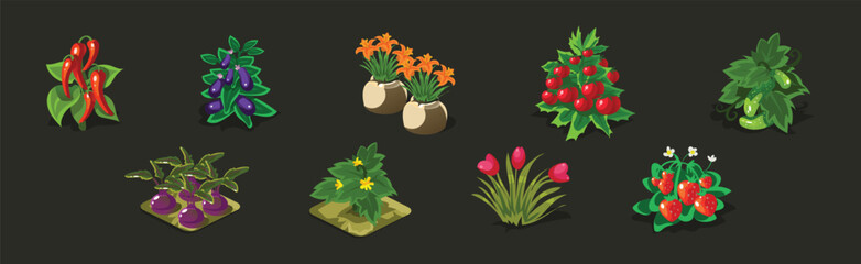 Game Planting and Garden Object and Element Vector Set