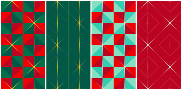 Christmas and New Year seamless checkerboard patterns set. Geometric style - fresh groovy checkerboard pattern and classic solid color design with fine lines.