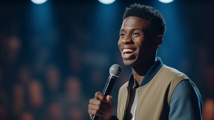 Young afro american man talks joke into microphone or sings songs. Stand up comedian on stage - obrazy, fototapety, plakaty