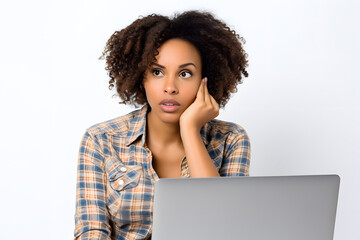 Young african american woman thinking sitting with laptop isolated on white background. Idea solution