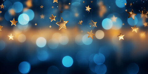 Abstract defocused background with Christmas lights, stars string on blue light bokeh with gold glitter - Powered by Adobe