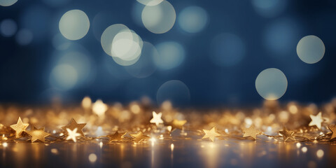 Abstract defocused background with Christmas lights, stars string on blue light bokeh with gold glitter