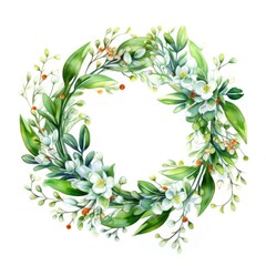 Fototapeta premium watercolor mistletoe wreath with red berries on white