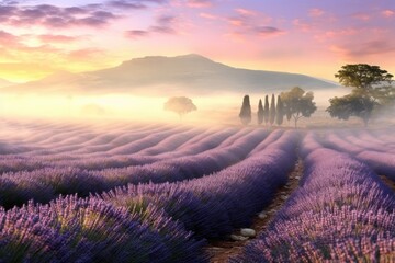 Tranquil lavender field at dusk with solitary tree silhouette and mountain range. Serene nature scene.