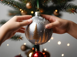 A couple decorating home for christmas Placing a Christmas ball on the Christmas tree