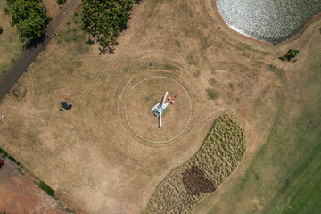Aerial view of an helicopter ready for take off on a heliport in Bel Ombre, Savanne District, Mauritius.