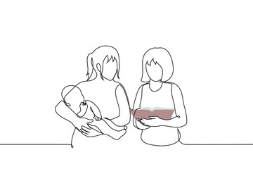 women are standing nearby, one is holding a child and both are looking at a book - one line art vector. concept women are trained to take care of children, lesbian family with baby