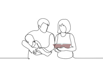 couple are standing nearby, the man is holding a child and both are looking at a book - one line art vector. concept heterosexual family are trained to take care of children, man and woman with baby