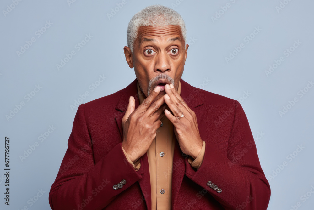 Poster a man wearing a red suit making a funny face. this image can be used for humor-related projects.