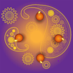 Luxury paisley pattern with four oil diya . Decorative ornament in ethnic oriental style. Diwali celebration. Festival of lights