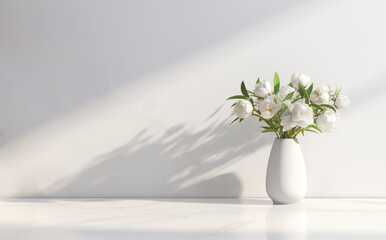 Bouquet of white flowers in oblong round vase against white wall, minimalistic home interior design with copy spase. Empty room with shadows of flowers studio background for product presentation