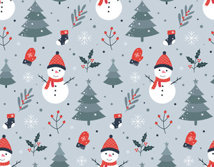 Merry Christmas seamless pattern with Christmas tree and snowflakes