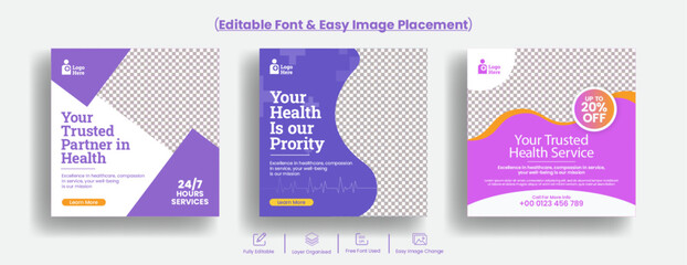Editable social media posts banner ads Set for healthcare medical service suitable for 
instagram and facebook post banner design for hospital clinic doctor and dentist marketing ads banner template - obrazy, fototapety, plakaty