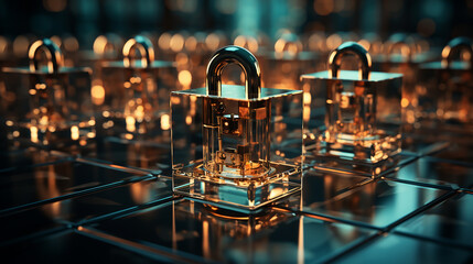 Cyber security concept  - padlock on computer motherboard circuit board - obrazy, fototapety, plakaty