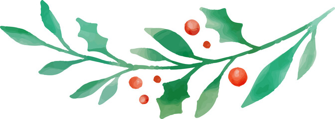 Watercolor Christmas Branch with Red Berries