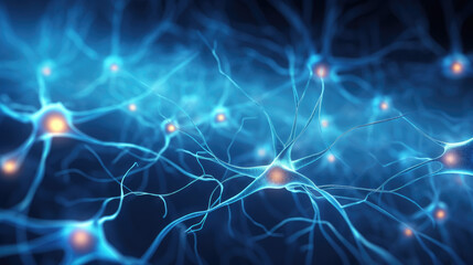 Neural active brain cells microscope closeup, brainstorm electricity cell, idea and medical concept art	
