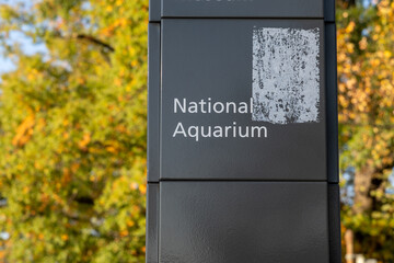 Sign for the National Aquarium directions, which has been closed since 2013