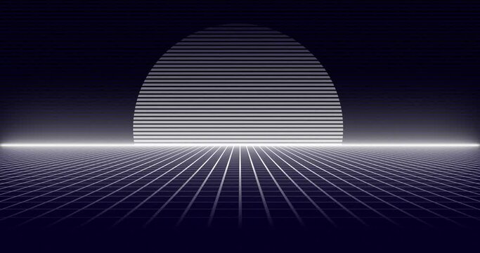 Glowing sci-fi retro cyberpunk sun with grid line motion. Retro Neon sun with grid cyber space background in seamless looped animation of neon white color.