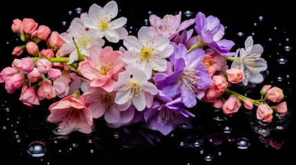 cherry blossom on a black background with water drops and reflection. Springtime Concept. Sakura. Valentine's Day Concept with a Copy Space. Mother's Day