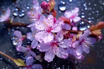 cherry blossom in the garden with water drops on the surface. Springtime Concept. Sakura. Valentine's Day Concept with a Copy Space. Mother's Day