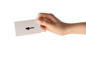 Arrow sign on a card in a woman hand isolated.