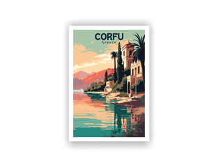 Corfu, Greece. Vintage Travel Posters. Vector art. Famous Tourist Destinations Posters Art Prints Wall Art and Print Set Abstract Travel for Hikers Campers Living Room Decor
