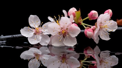 cherry blossom on a black background with water droplets. Springtime Concept. Sakura. Valentine's Day Concept with a Copy Space. Mother's Day